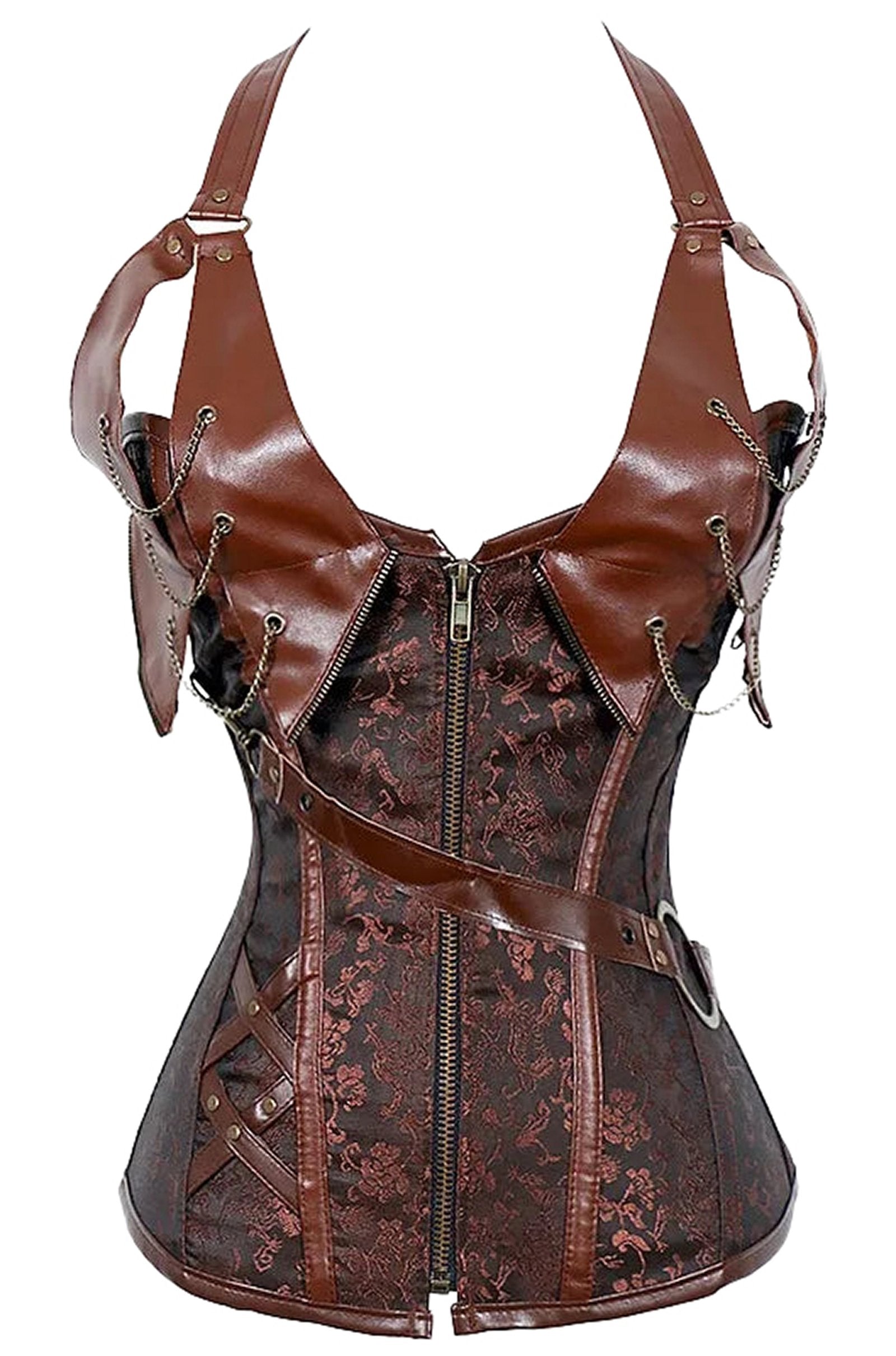 LuckeLadybug LLC gothic court corset top in brown with intricate lace design and stylish straps