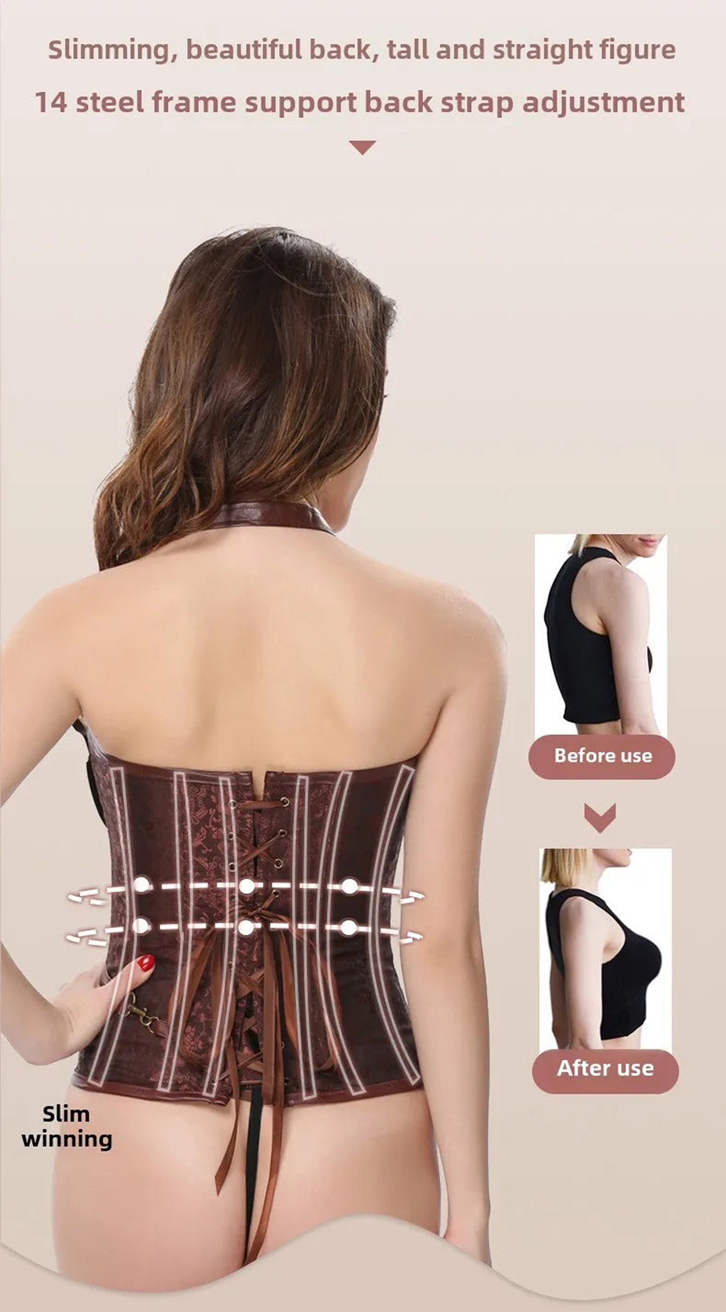 Gothic court corset top featuring a steel frame for back support and adjustable straps for a tailored fit