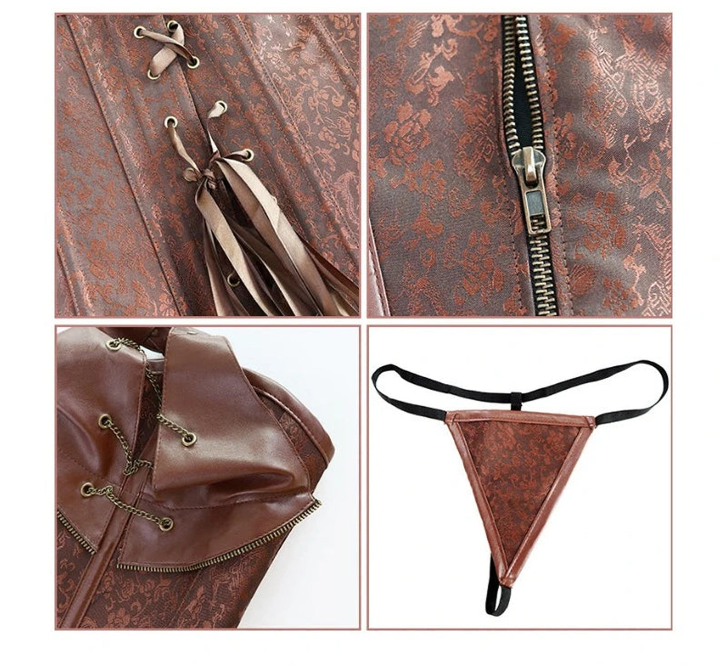 Gothic court corset top in brown with detailed lace pattern and front zipper for a stylish fit