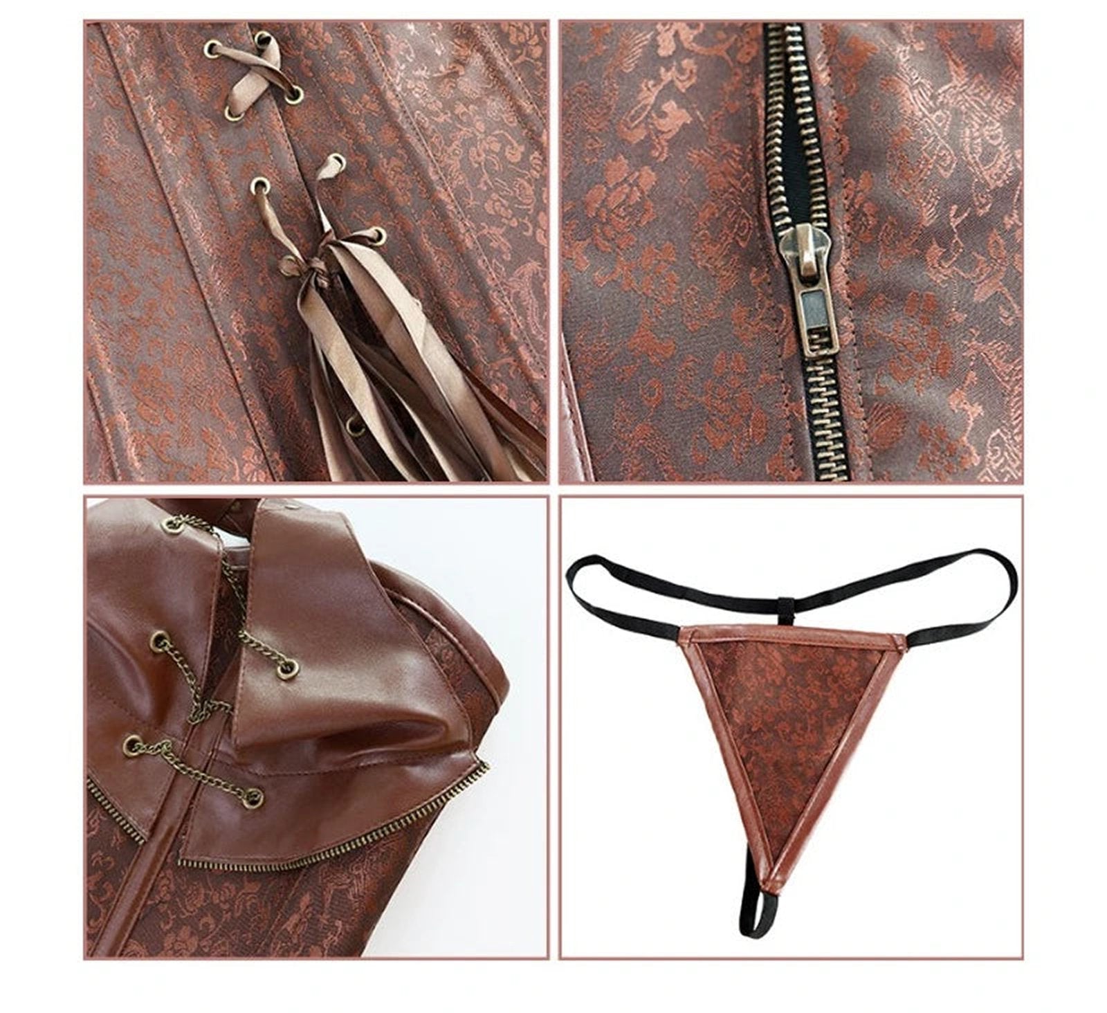 Gothic court corset top in brown with detailed lace pattern and front zipper for a stylish fit