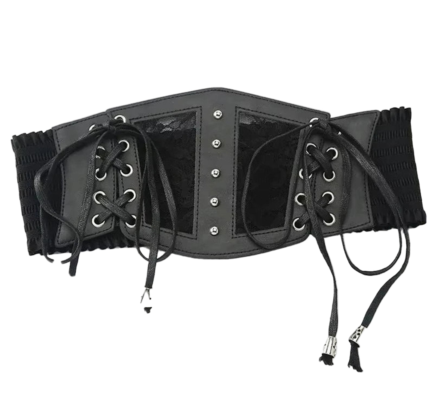 LuckeLadybug gothic lace corset belt featuring lace-up design and adjustable fit for a stylish silhouette
