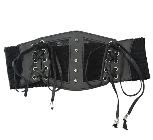 LuckeLadybug gothic lace corset belt featuring lace-up design and adjustable fit for a stylish silhouette