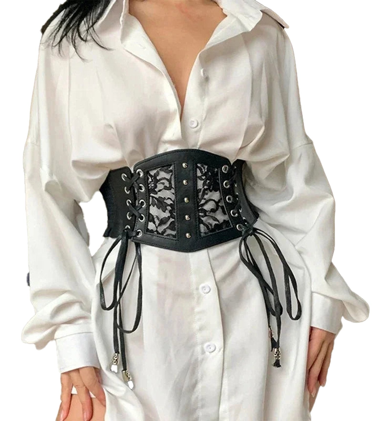 LuckeLadybug LLC gothic lace corset belt designed to accentuate the waist with stylish lace detailing