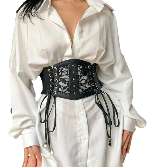 LuckeLadybug LLC gothic lace corset belt designed to accentuate the waist with stylish lace detailing
