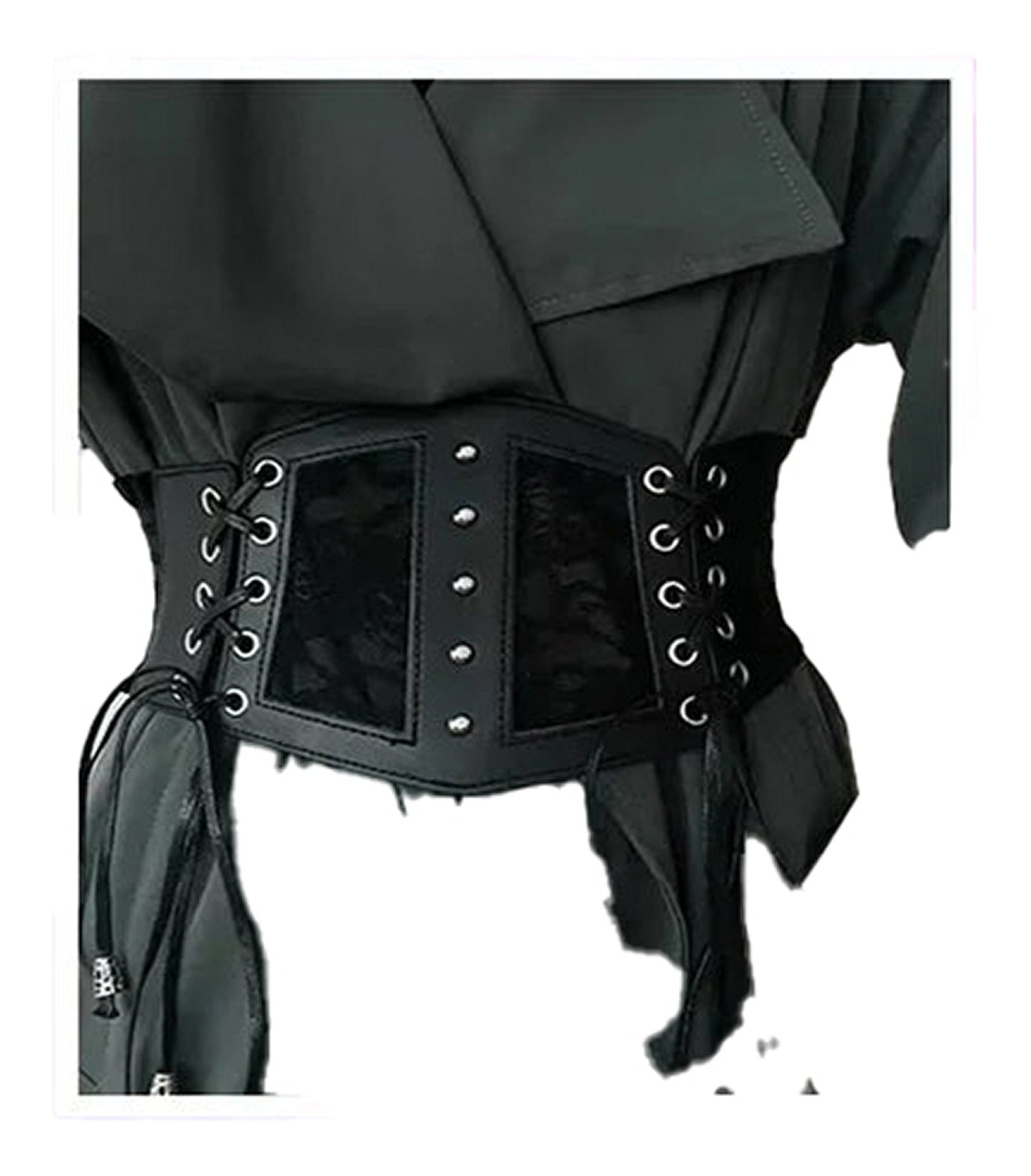 Gothic lace corset belt made of black fabric with lace panels and metal eyelets for a dramatic style