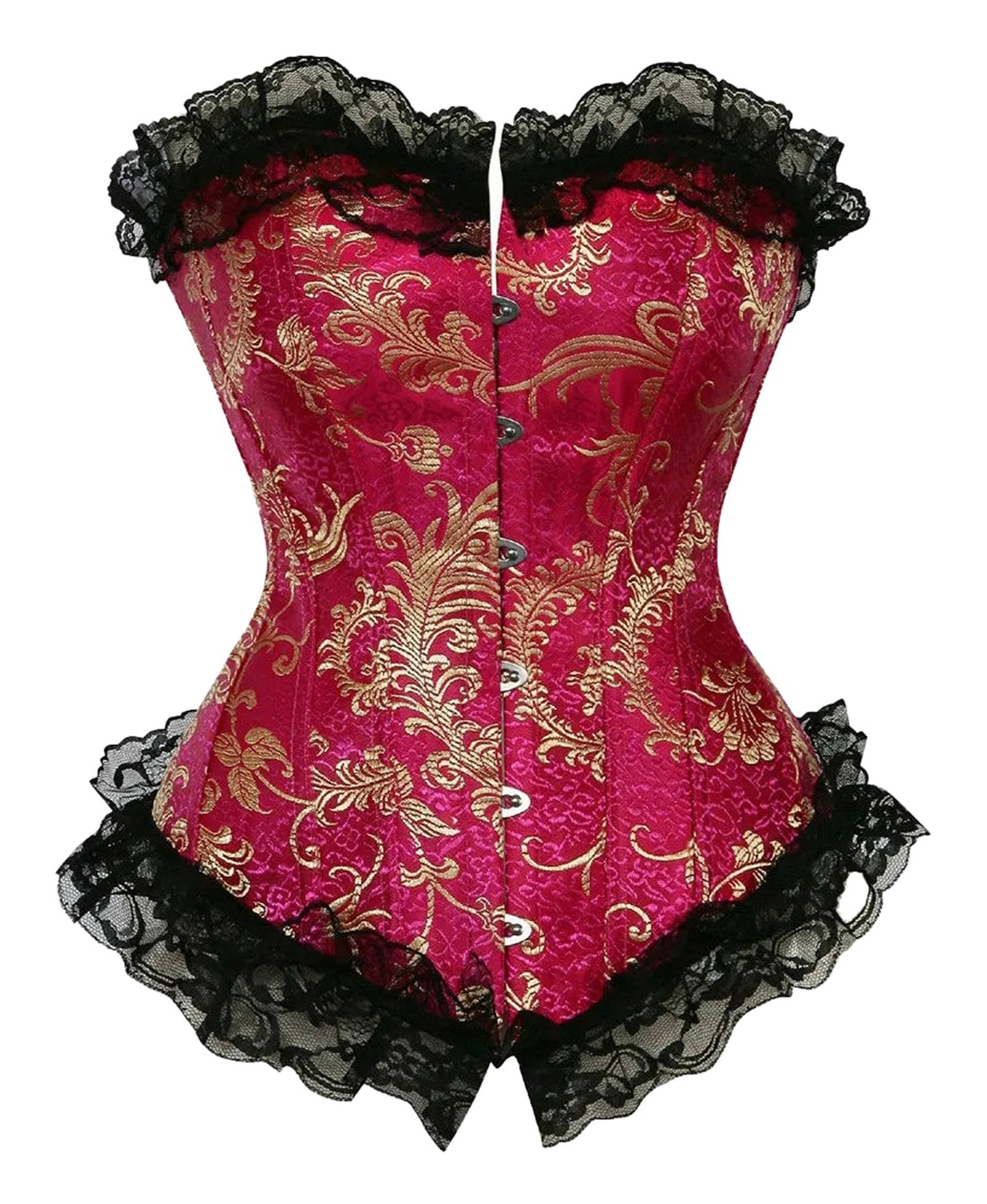 Gothic lace corset for women in red with gold detailing and black lace trim