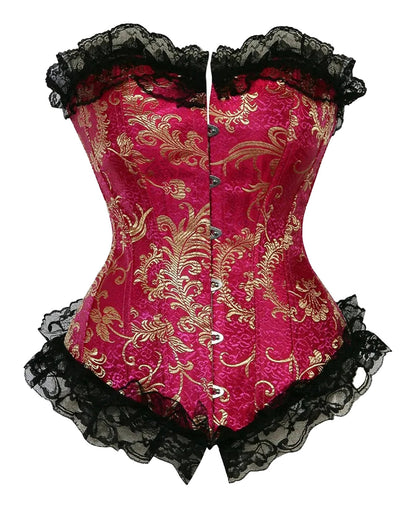 Gothic lace corset for women in red with gold detailing and black lace trim