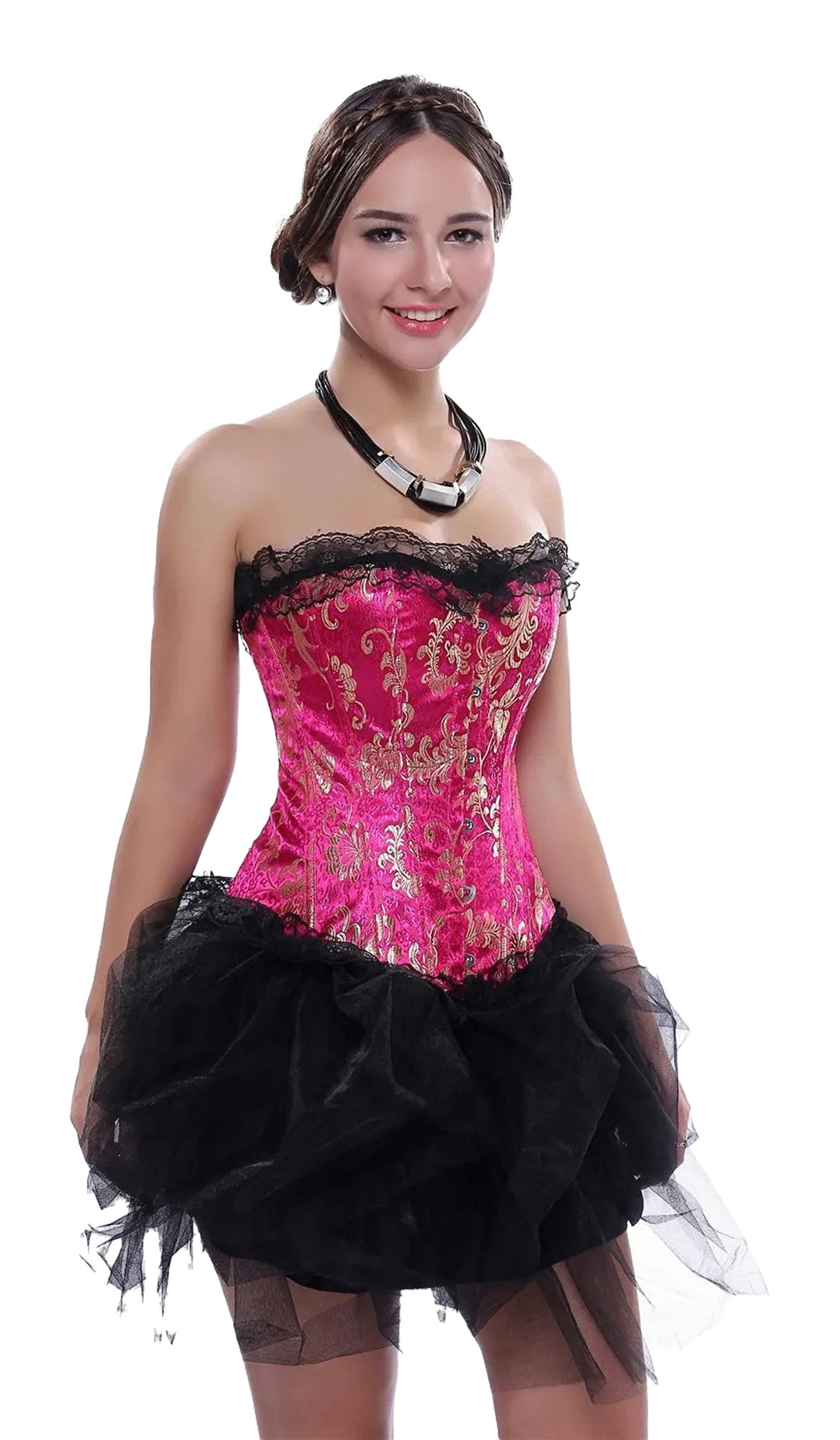 LuckeLadybug LLC Gothic lace corset for women in pink and black with a fitted design and layered tulle skirt