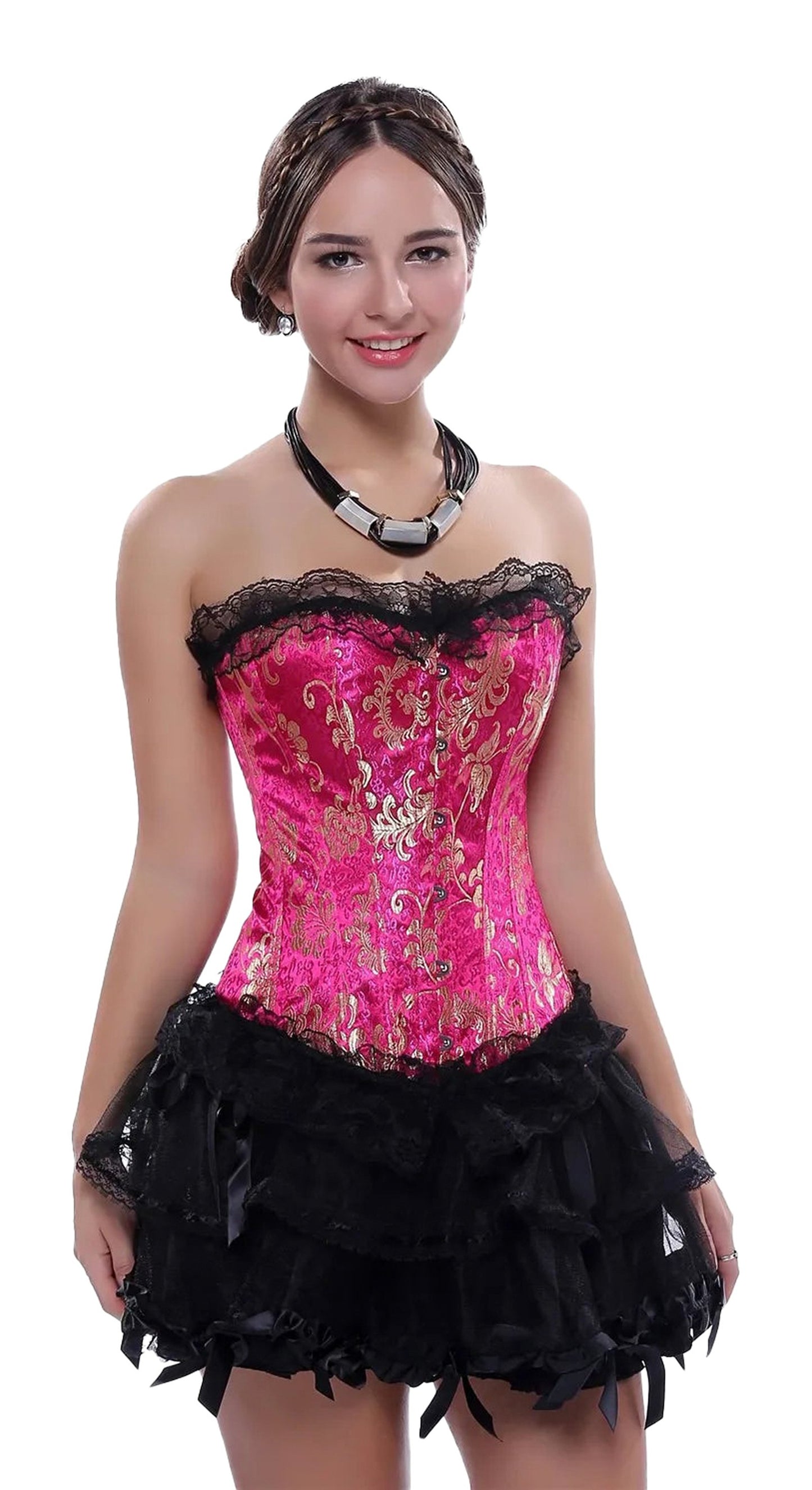 Elegant pink gothic lace corset for women with black ruffle skirt and lace detailing