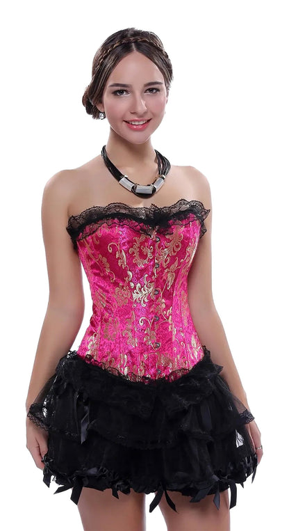 Elegant pink gothic lace corset for women with black ruffle skirt and lace detailing
