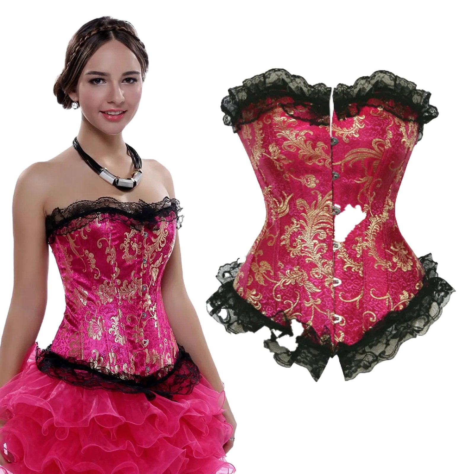 Elegant pink and gold gothic lace corset for women with intricate design and black trim