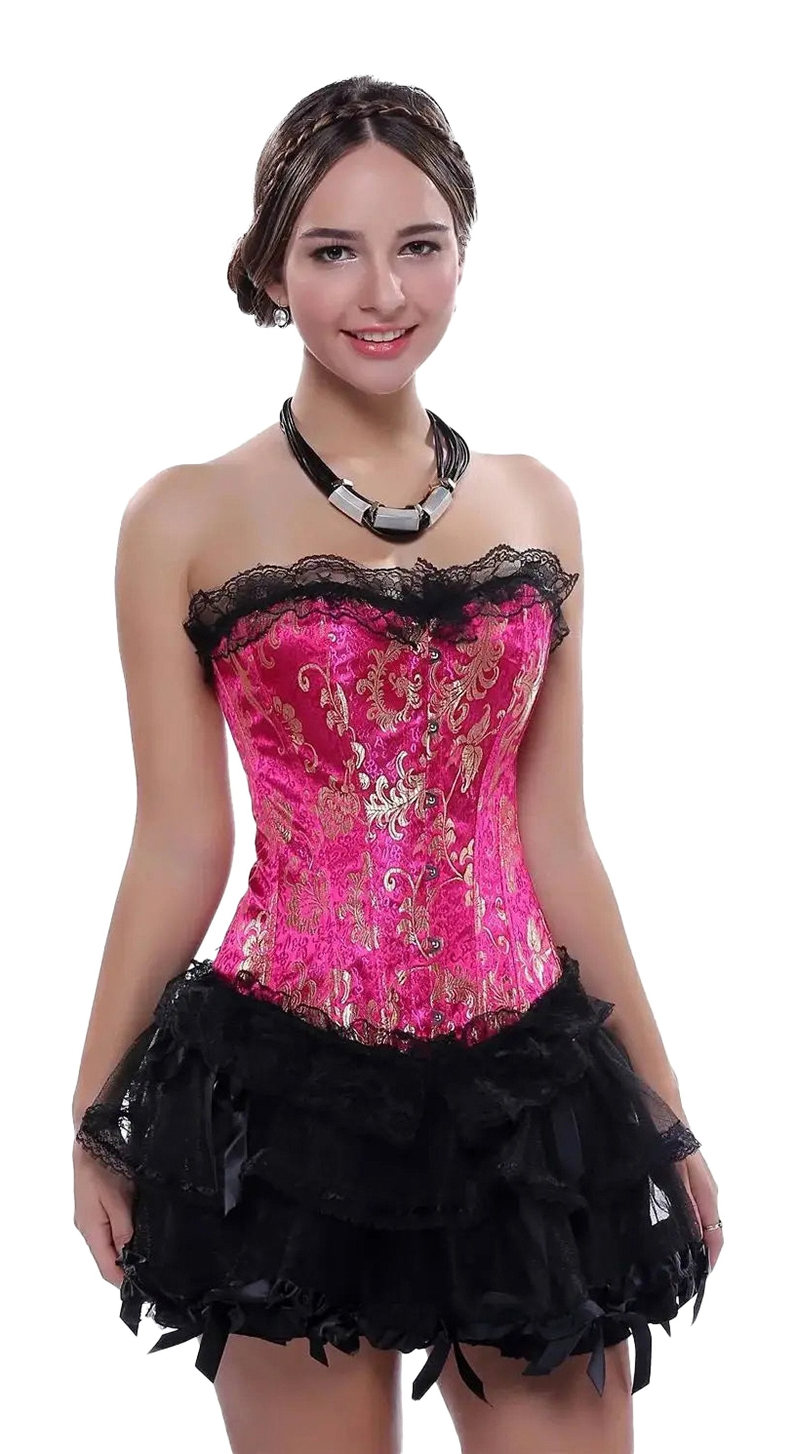 Pink Gothic Lace Corset for Women with Black Ruffled Skirt and Elegant Design