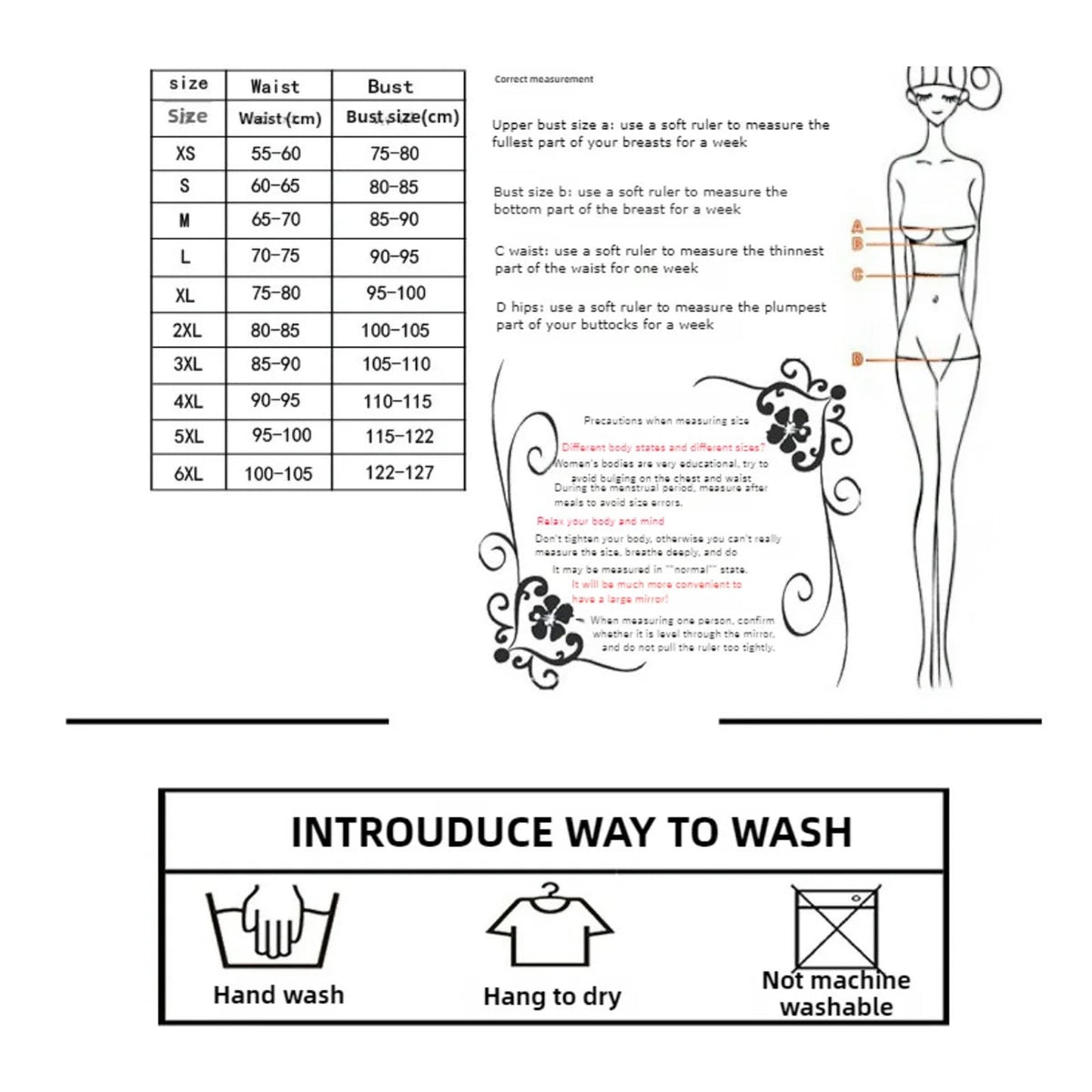 Size guide for gothic lace corset for women with measurements for waist and bust