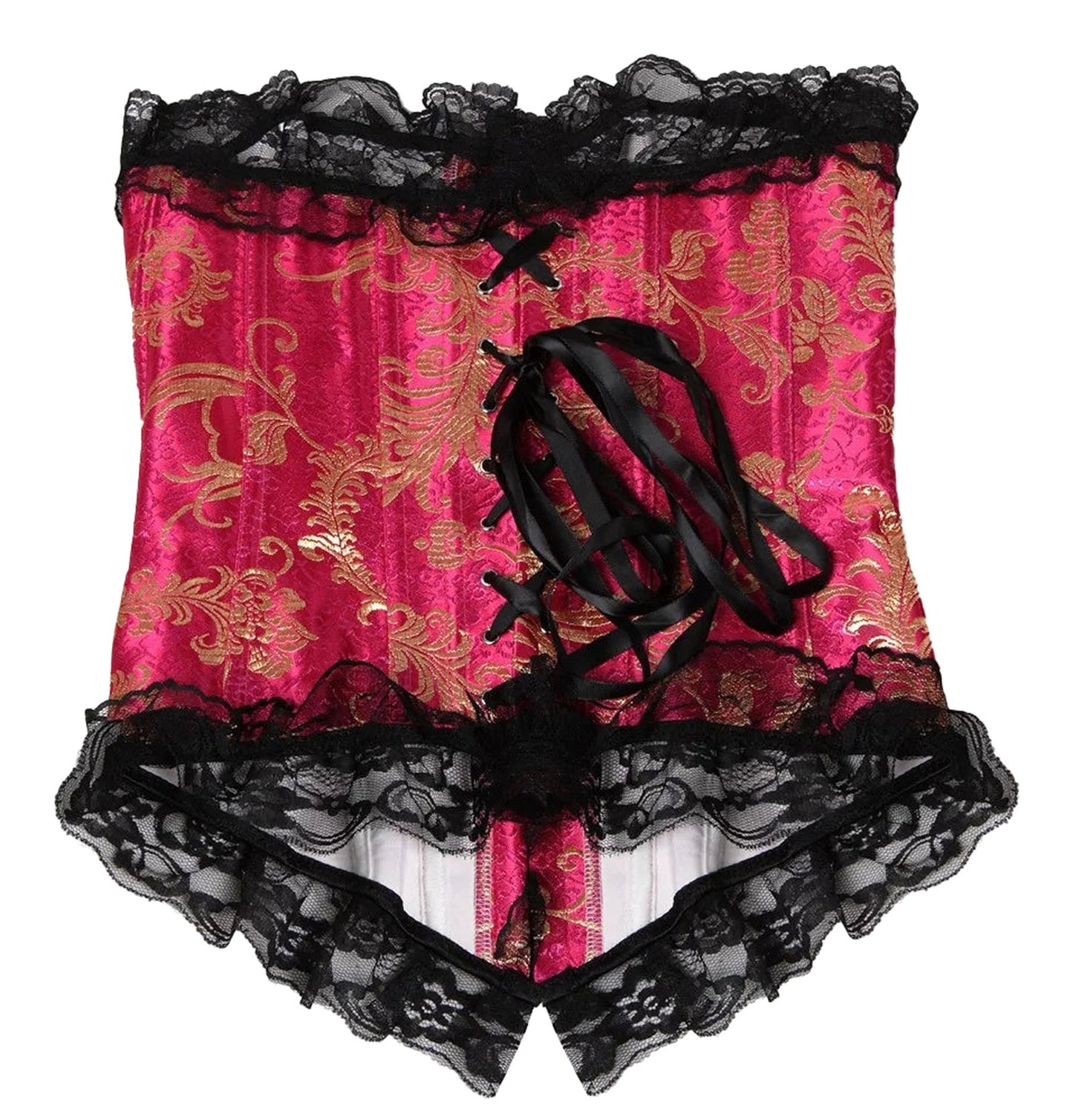 LuckyLadybug women's gothic lace corset in pink and black with intricate lace detailing and ribbon ties