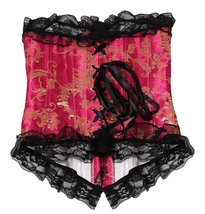 LuckyLadybug women's gothic lace corset in pink and black with intricate lace detailing and ribbon ties
