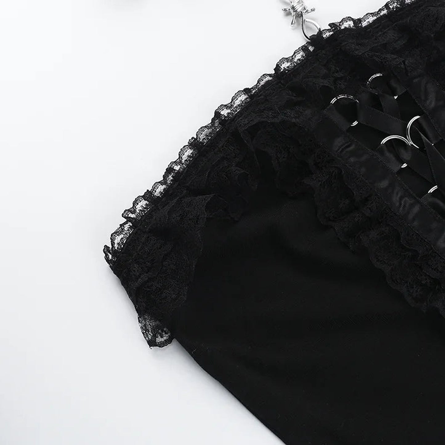 Gothic lace strapless corset top with intricate lace detailing and lace-up back design