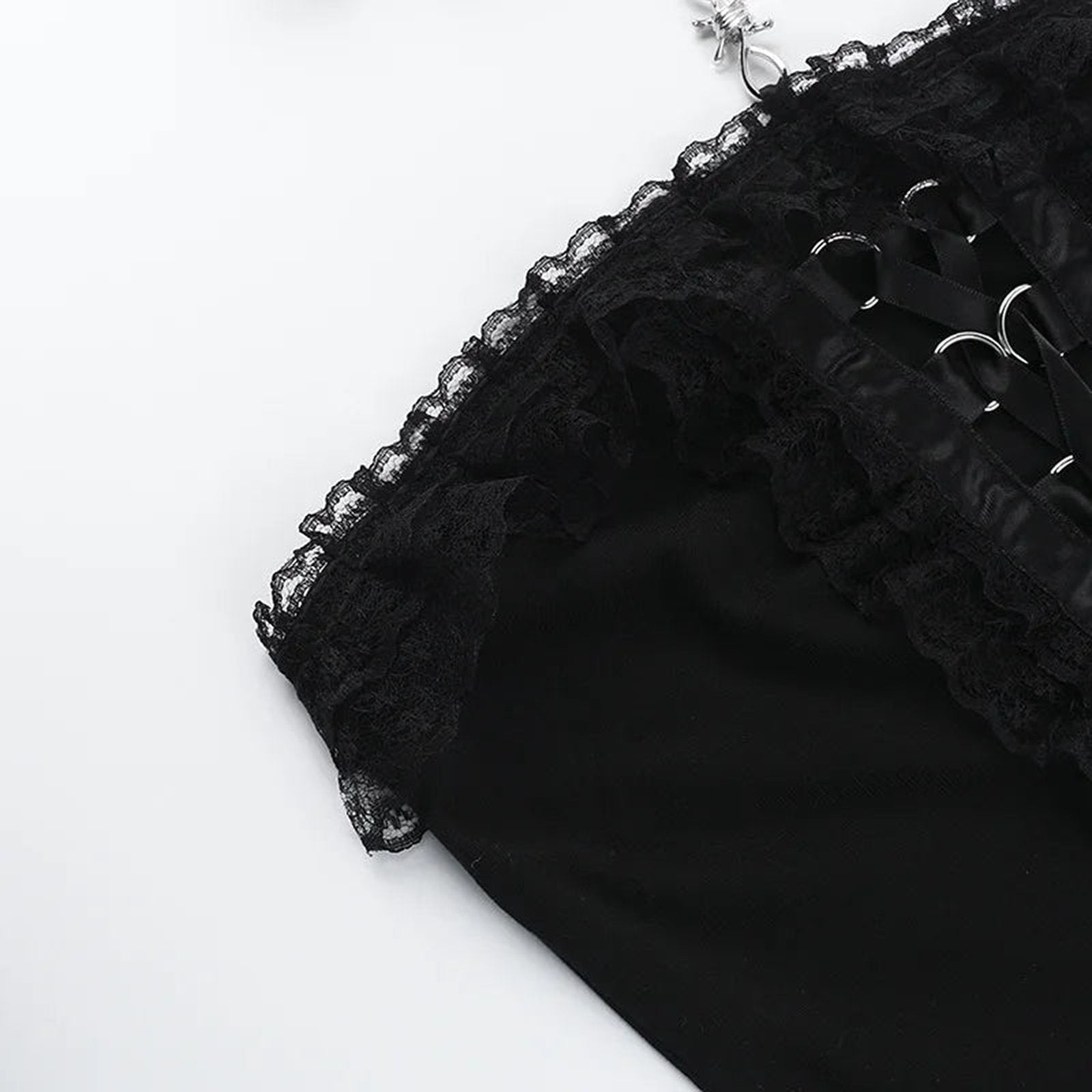 Gothic lace strapless corset top with intricate lace detailing and lace-up back design