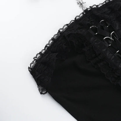 Gothic lace strapless corset top with intricate lace detailing and lace-up back design