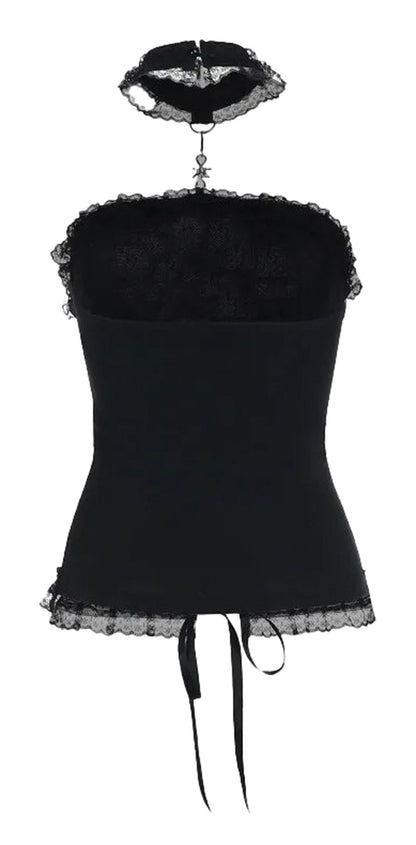 LuckeLadybug LLC gothic lace strapless corset top with delicate lace trim and a sleek design