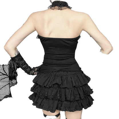 Gothic lace strapless corset top with a layered ruffle skirt for a dramatic look