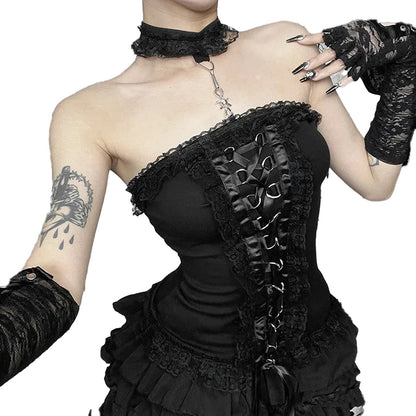 Gothic lace strapless corset top with intricate detailing and elegant layered design from LuckeLadybug LLC
