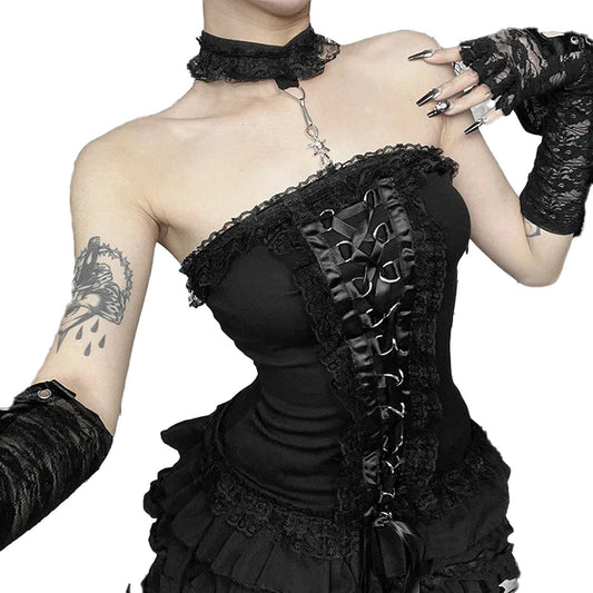 Gothic lace strapless corset top with intricate detailing and elegant layered design from LuckeLadybug LLC