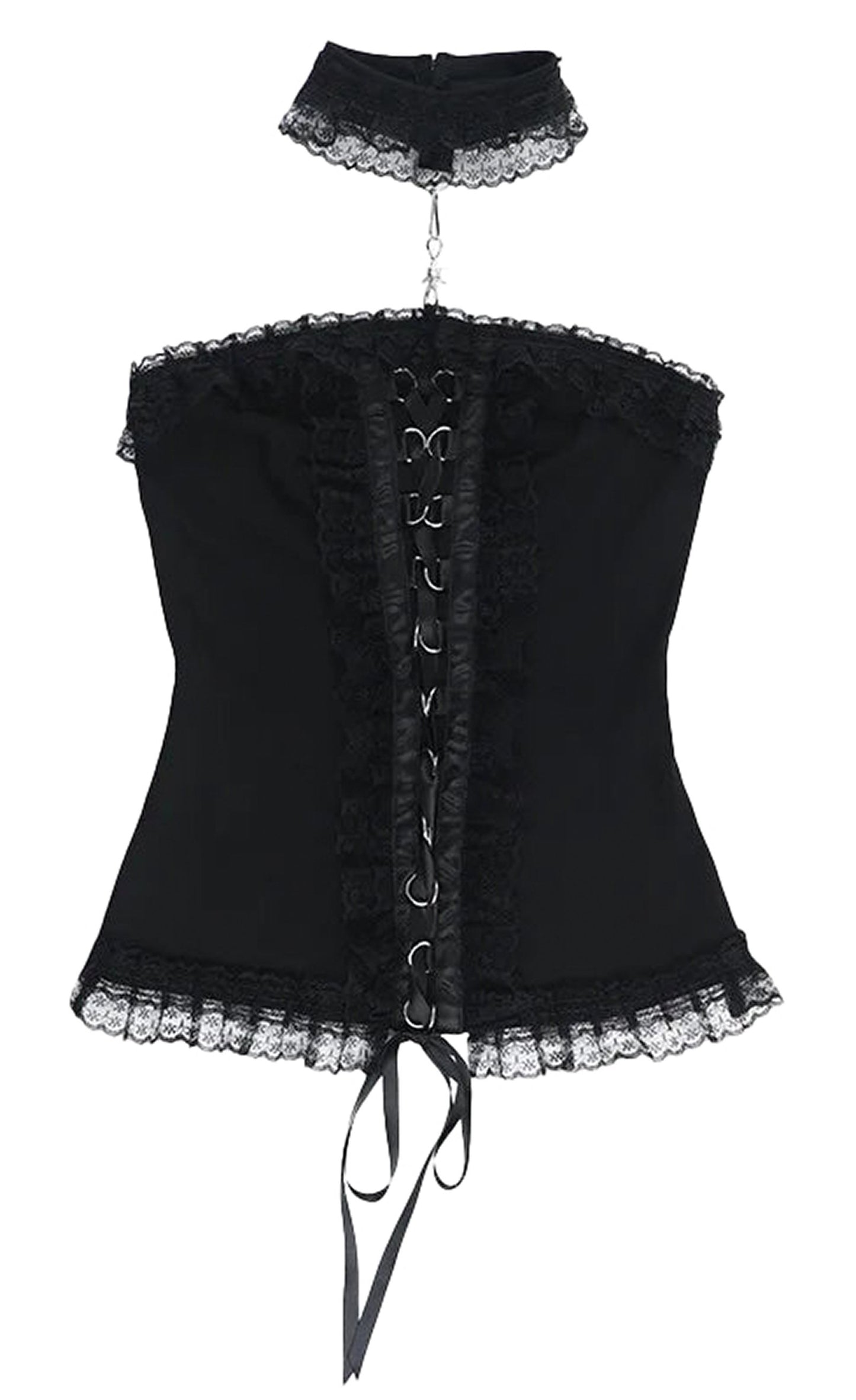 Gothic lace strapless corset top with ruffled lace trim and adjustable lace-up front