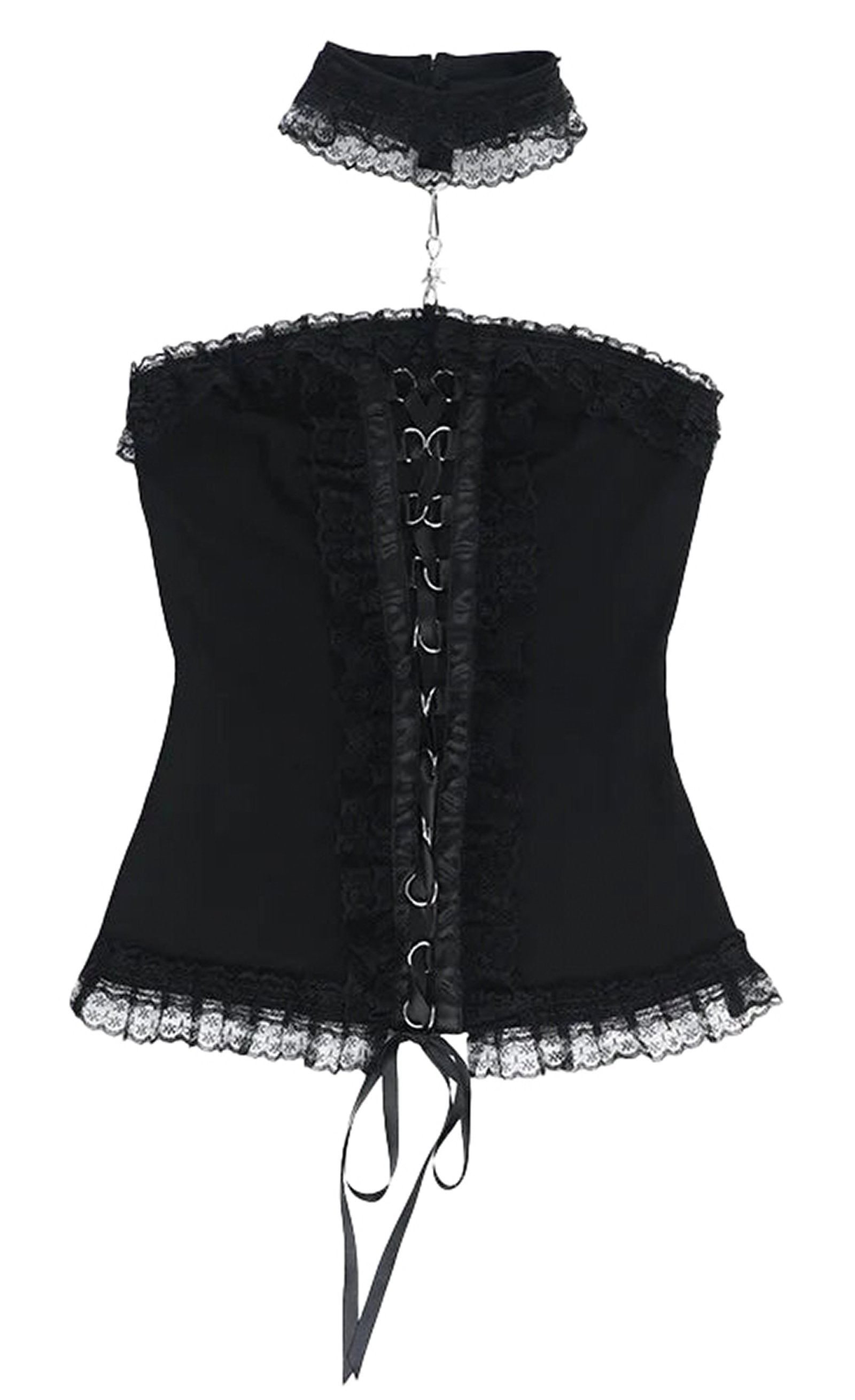 Gothic lace strapless corset top with ruffled lace trim and adjustable lace-up front