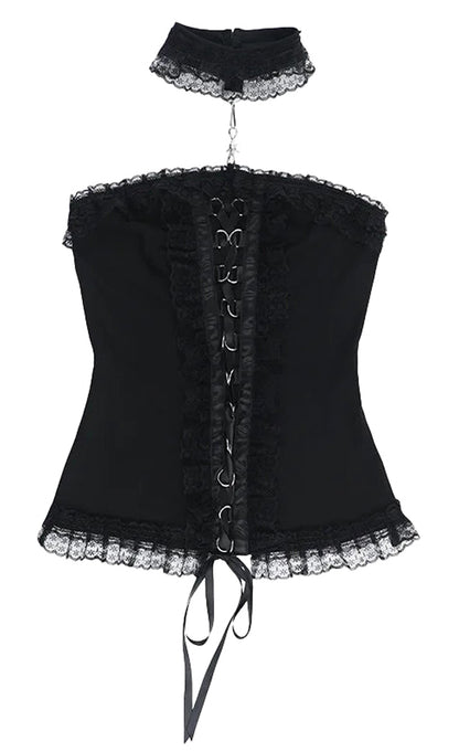 Gothic lace strapless corset top with ruffled lace trim and adjustable lace-up front