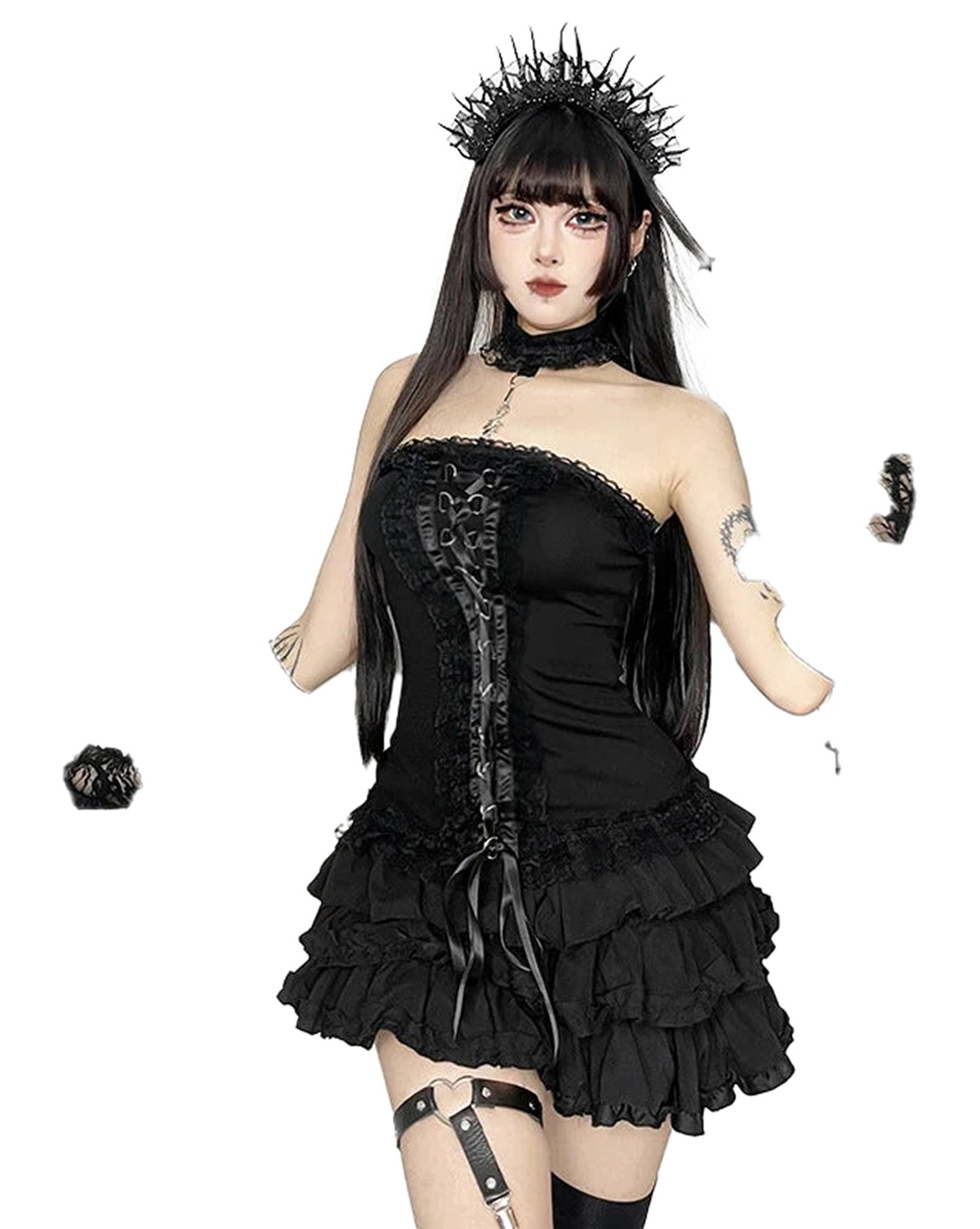 Gothic lace strapless corset top in black worn by a model with accessories and a dramatic background
