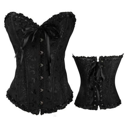 Black gothic lace up corset for women with floral pattern and ribbon tie for a stylish look