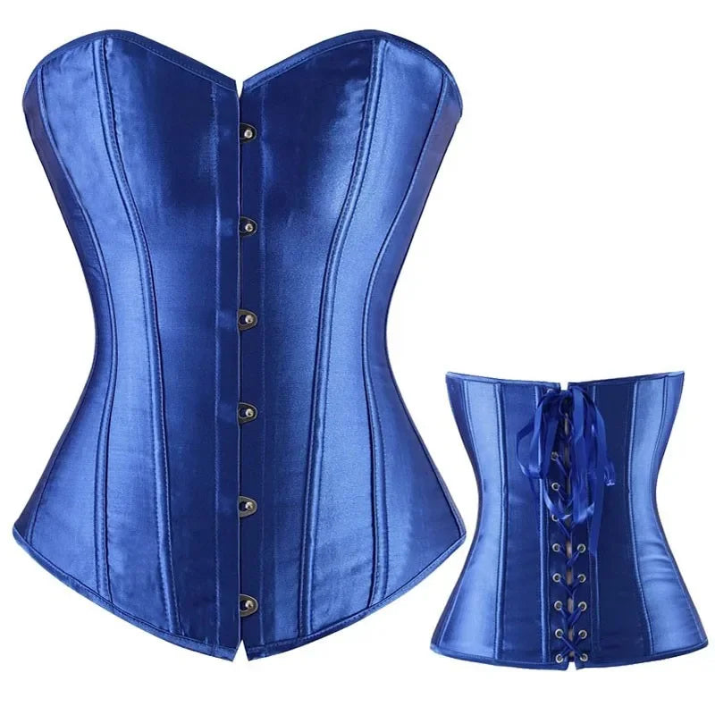 Luxurious blue gothic lace up corset for women featuring a satin finish and stylish lacing details