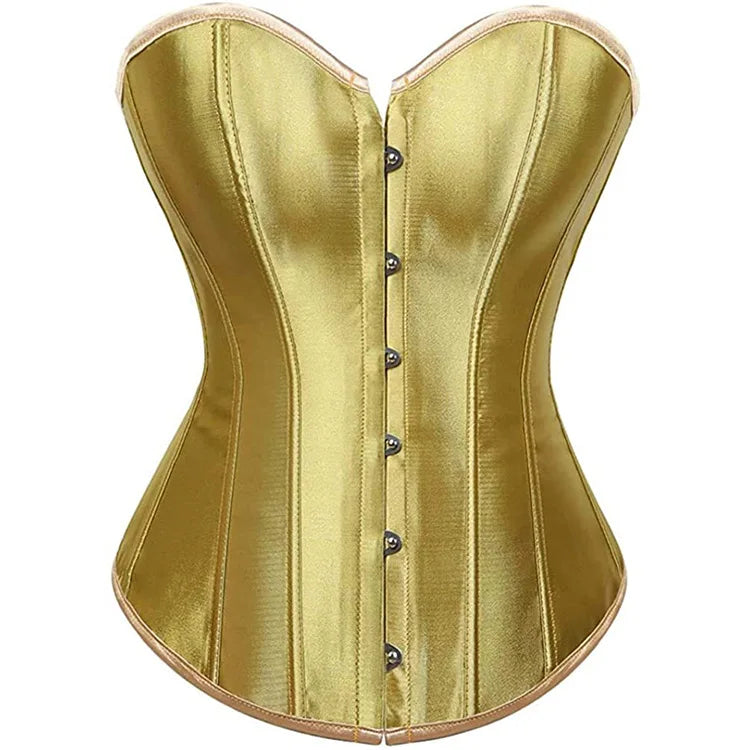 Gold satin gothic lace up corset for women with front buttons and structured silhouette