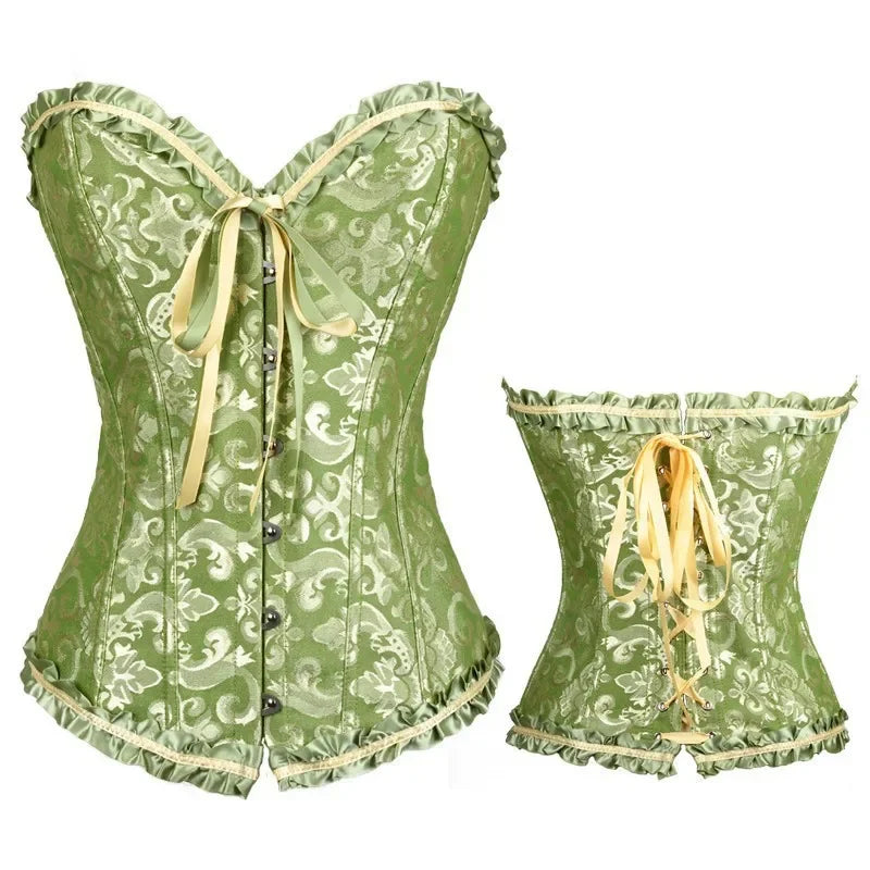 Elegant green gothic lace up corset for women featuring intricate floral patterns and ribbon details