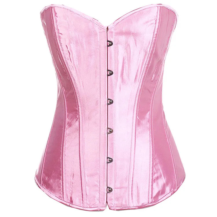 Pink gothic lace up corset for women with a sleek satin finish and front button closures