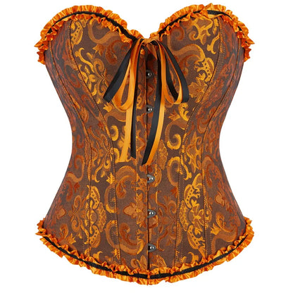 LuckeLadybug LLC Gothic lace up corset for women with intricate orange pattern and ruffled edges
