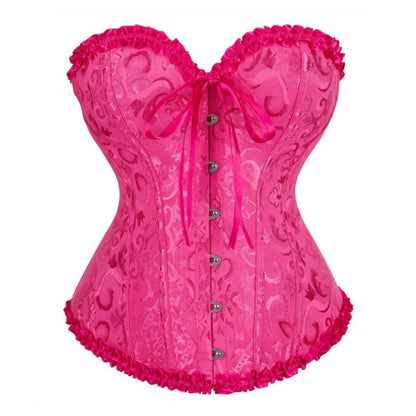 Bold pink gothic lace up corset for women featuring intricate lace detailing and ribbon tie closure