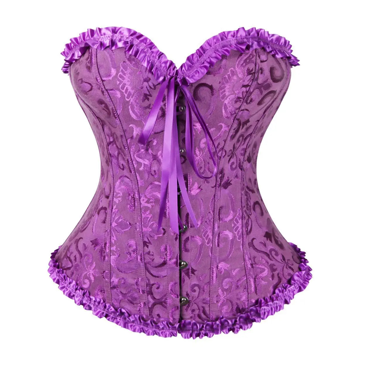 Purple Gothic Lace Up Corset for Women with Ruffled Edges and Intricate Design