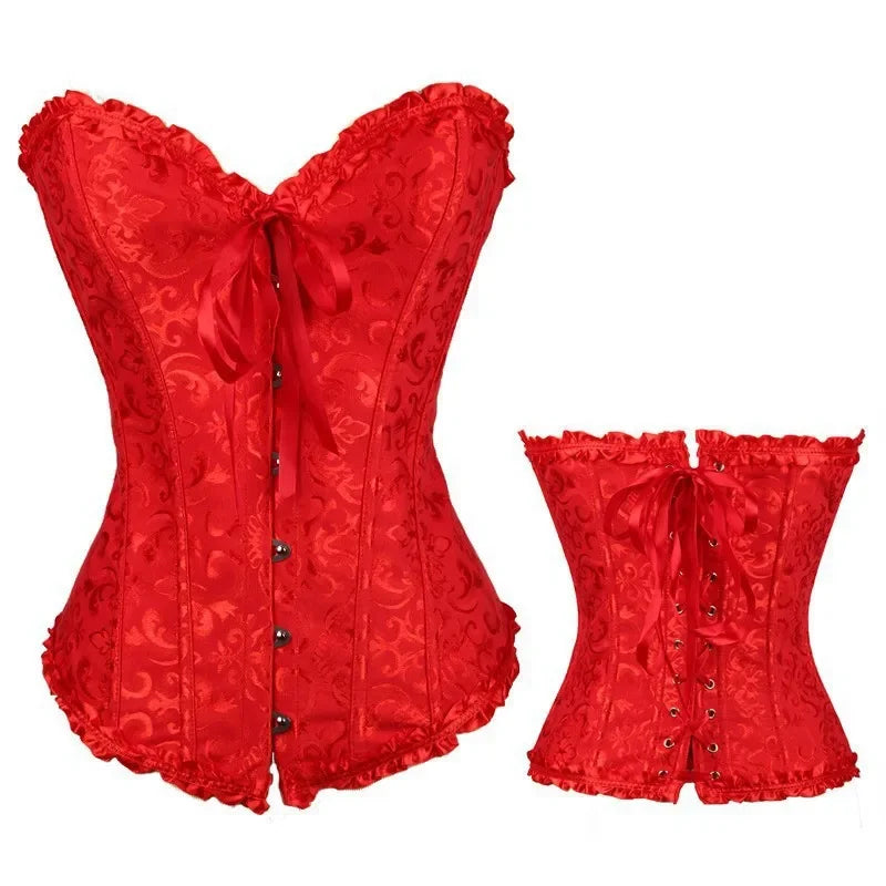 LuckeLadybug LLC Gothic lace up corset for women in red with elegant lace and ribbon detailing