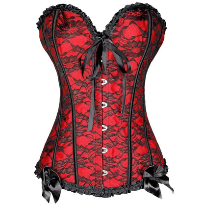 Stunning red gothic lace up corset for women featuring intricate lace detailing and elegant black accents
