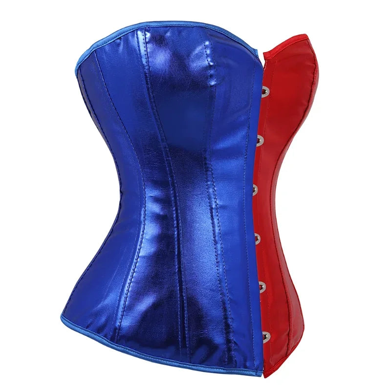 Vibrant blue and red gothic overbust corset for women featuring a sleek design and decorative buttons