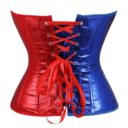 Stylish gothic overbust corset for women in red and blue with lace-up back detail for a perfect fit