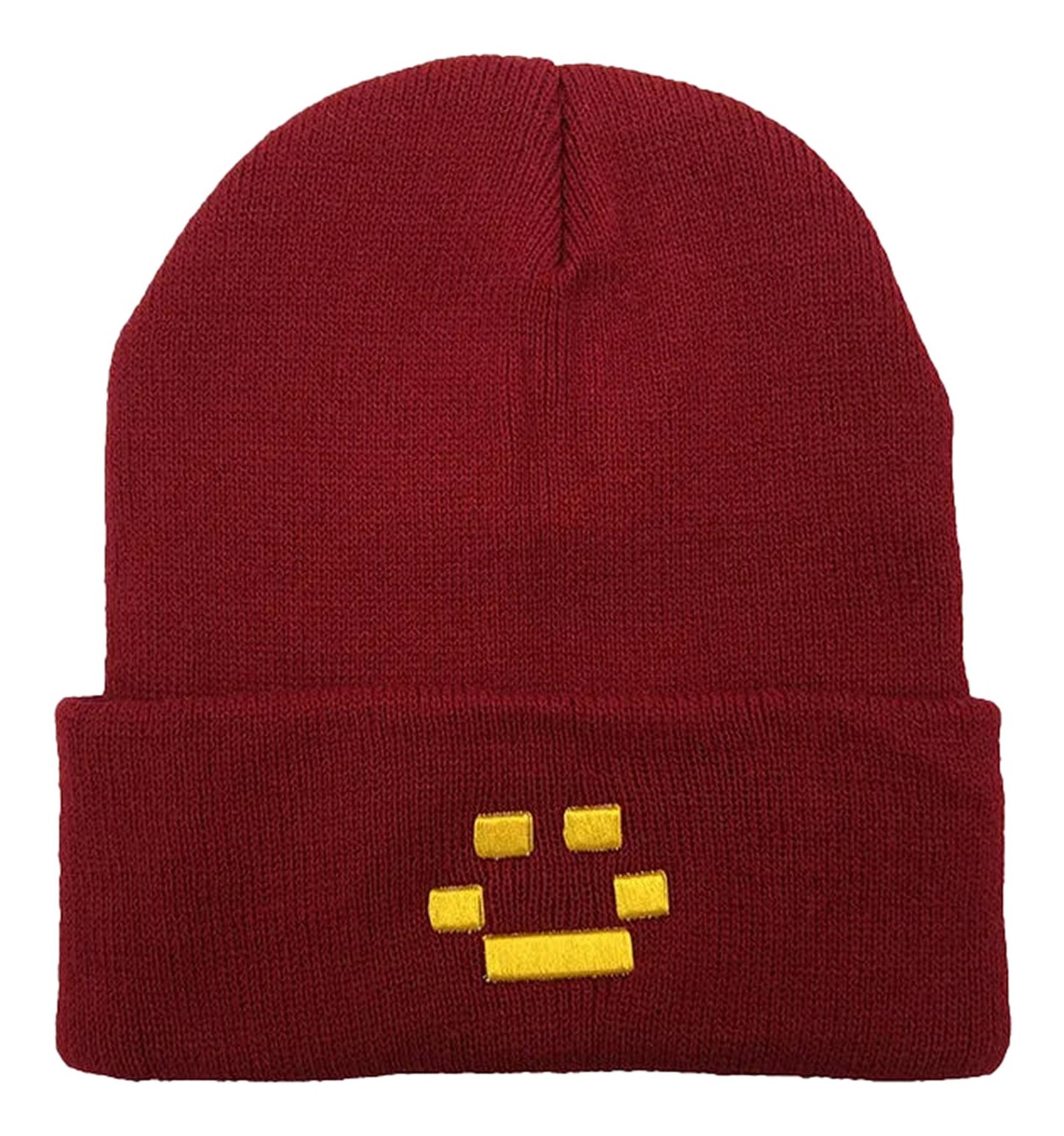 Maroon gothic punk embroidered beanie with a unique yellow design for a trendy, alternative style