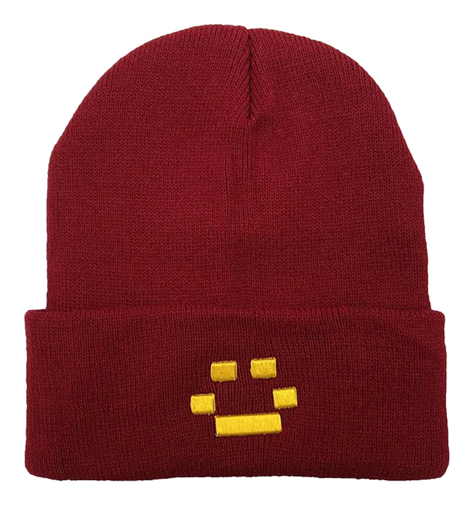 Burgundy gothic punk embroidered beanie with unique yellow design from LuckeLadybug LLC