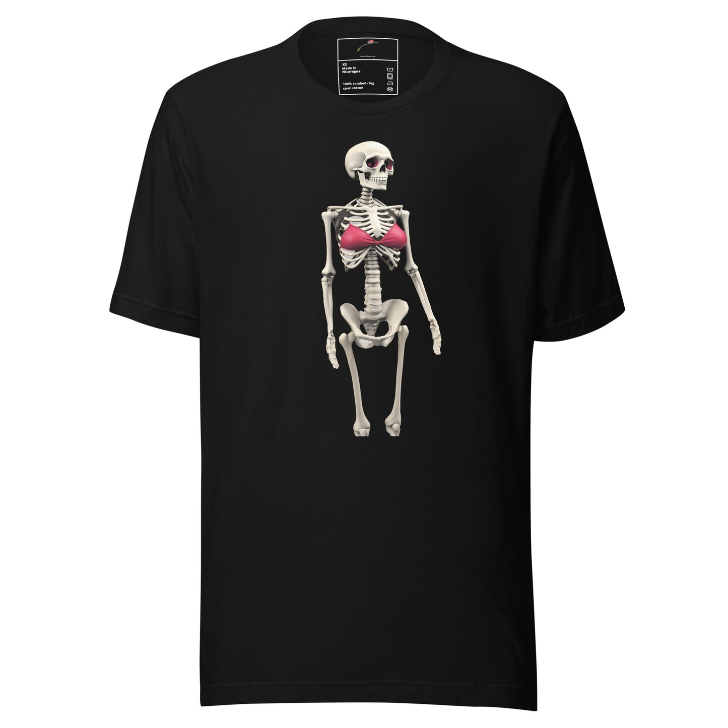 Black LuckeLadybug t-shirt featuring gothic skeleton bikini fashion tee graphic with pink bikini top