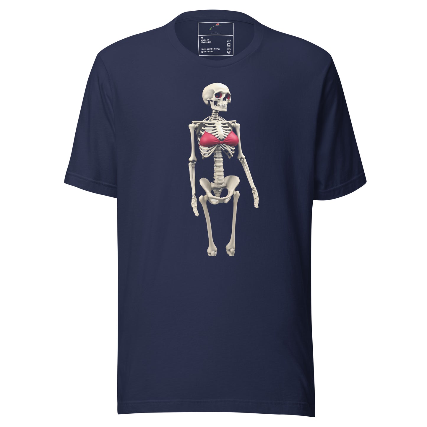 Navy LuckeLadybug gothic skeleton bikini fashion tee with skeleton wearing a pink bikini design