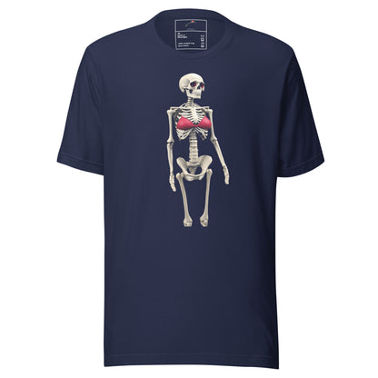 Navy LuckeLadybug gothic skeleton bikini fashion tee with skeleton wearing a pink bikini design