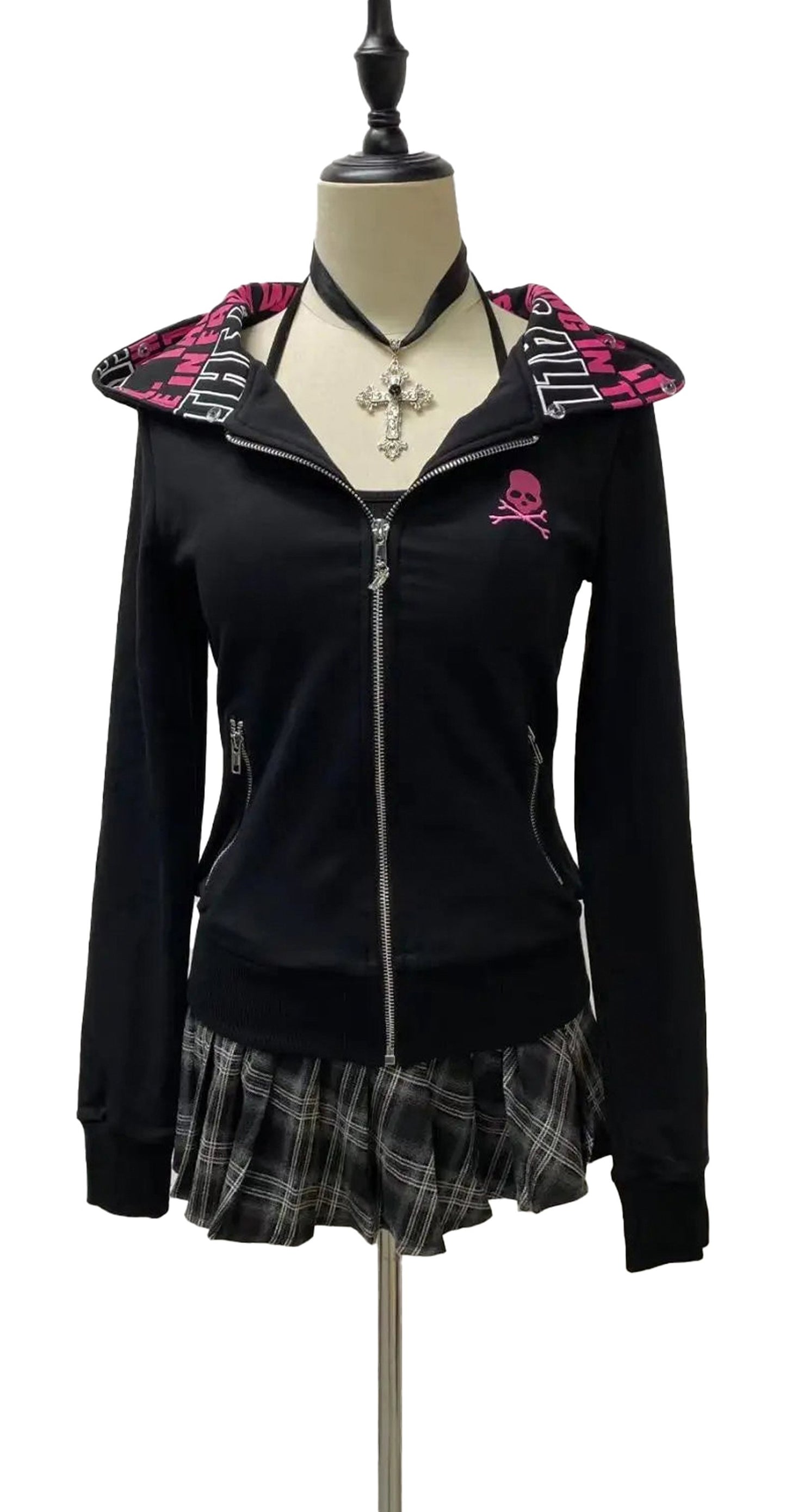 Black gothic skull zip up hoodie women with pink accents and stylish zipper design