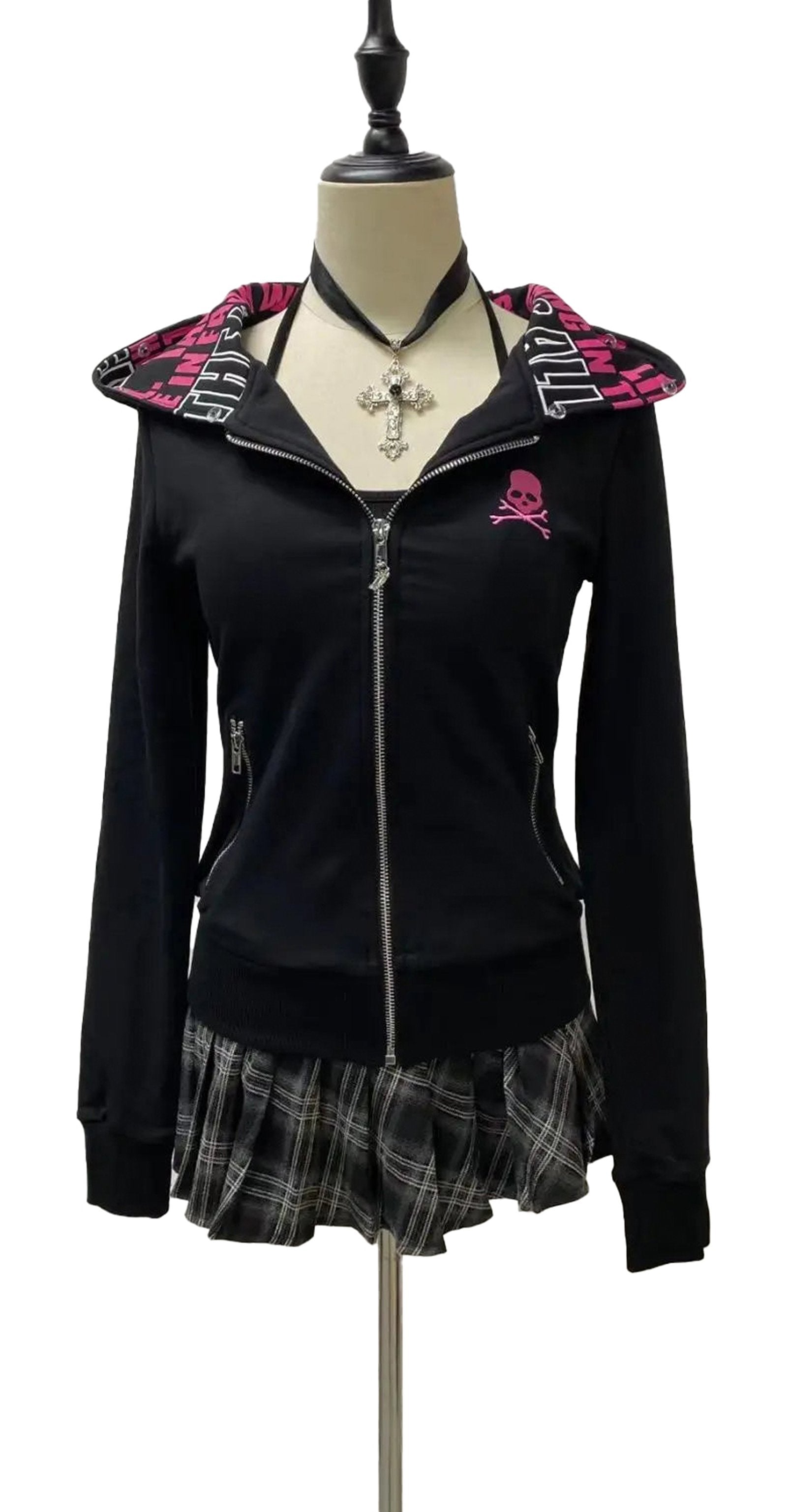 Black gothic skull zip up hoodie women with pink accents and stylish zipper design