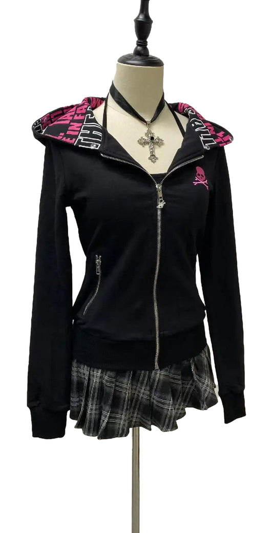 Gothic skull zip up hoodie women by LuckeLadybug with stylish hood and fitted design
